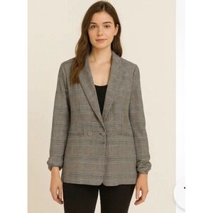 Zara Basic Size M Oversized Glen Plaid Double Breasted Blazer Gray Black Orange
